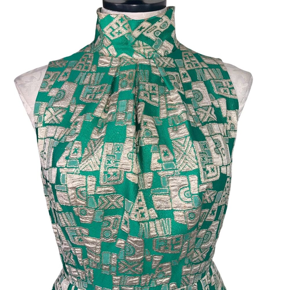 Vintage Womens Dress Size Small Green Geometric Print Maxi Casual Pleated - Picture 4 of 16